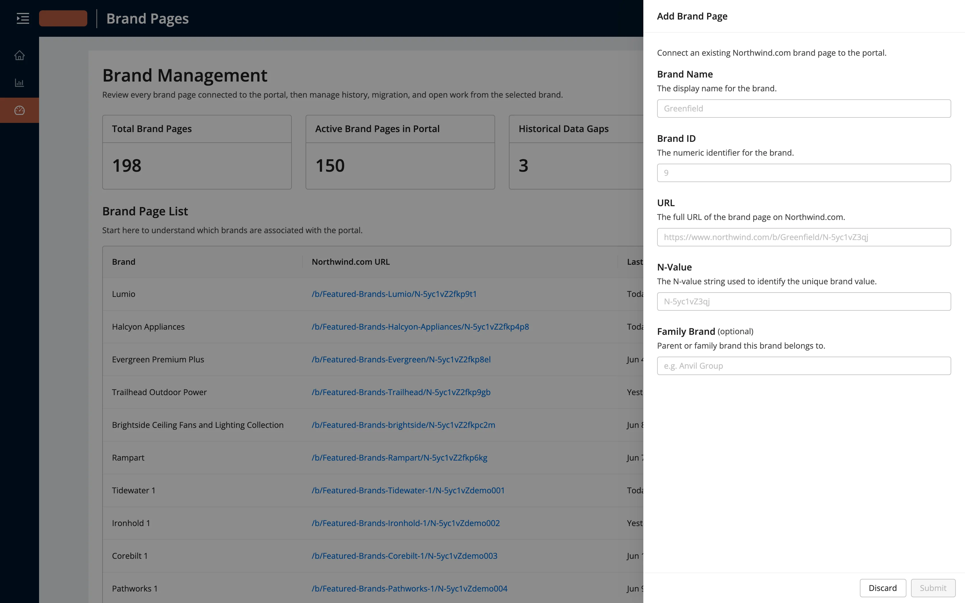 A drawer for connecting an existing brand page to the portal, with fields for brand name, ID, page URL, N-value, and an optional parent brand.