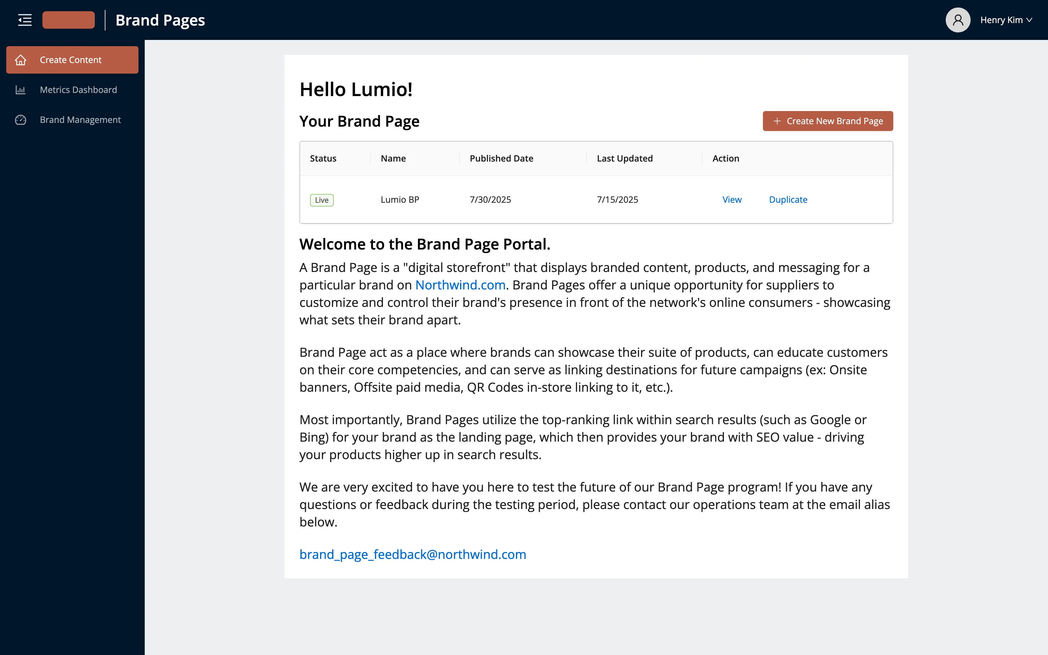 The supplier-facing brand-page builder home screen, sharing the same navigation, header, and visual language as the internal management tool.