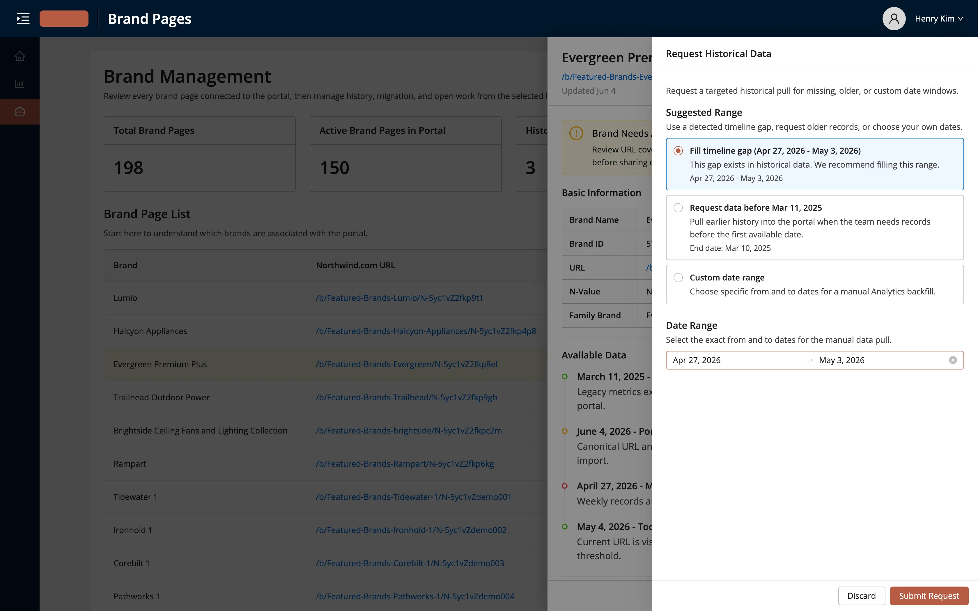 A 'request historical data' drawer that pre-selects the detected timeline gap as the suggested range to fill, alongside options to pull older records or choose a custom date range.