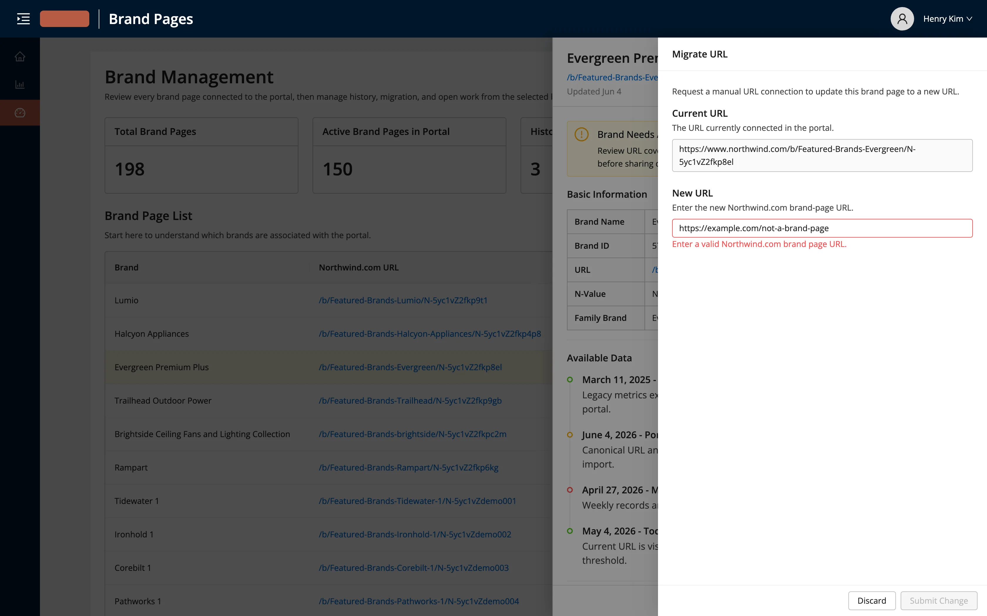 The migrate-URL drawer showing a live validation error — an invalid URL is entered and the field reads 'enter a valid brand page URL' with the submit button disabled.