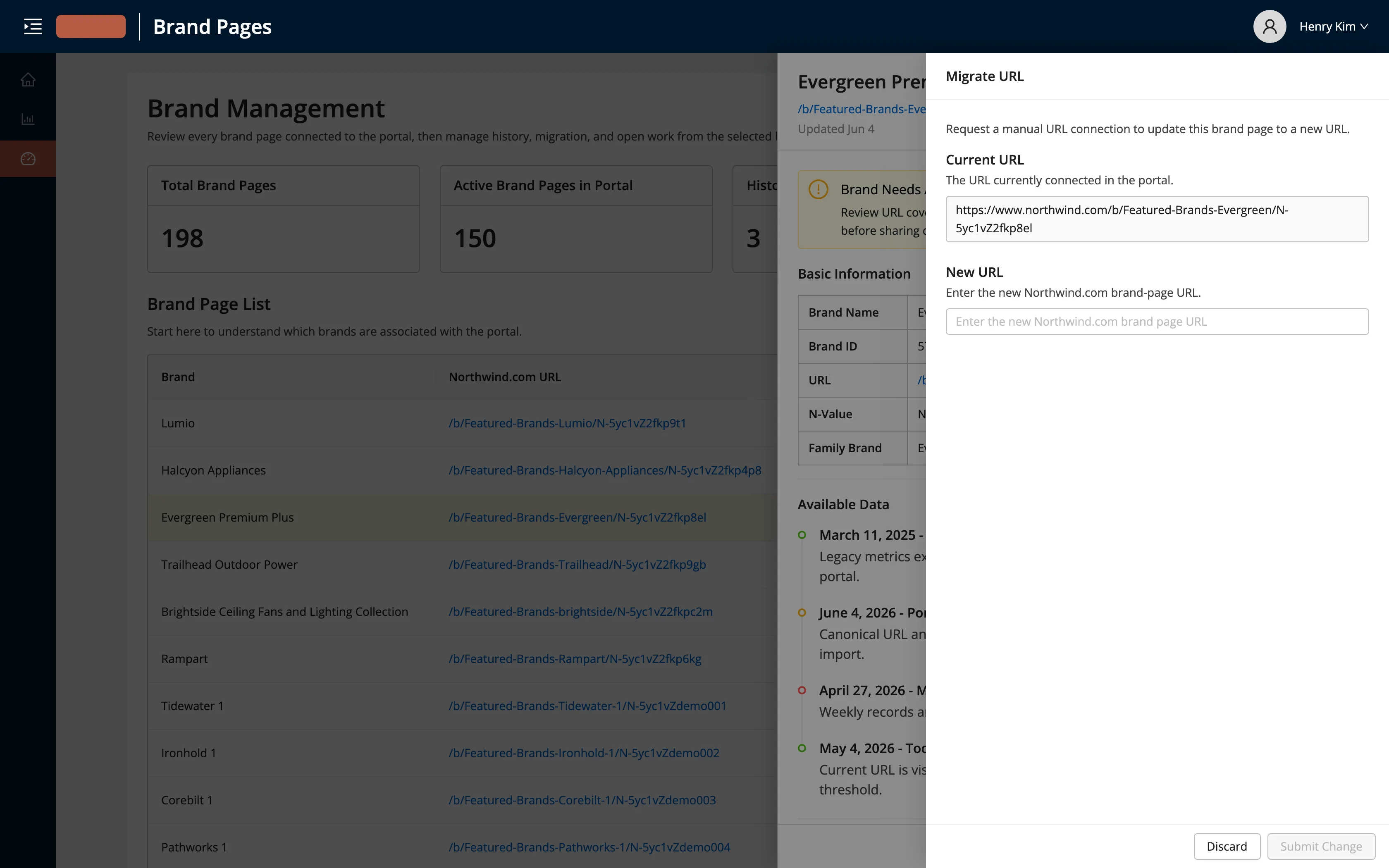 A 'migrate URL' drawer showing the brand's current portal URL and an input for the new URL to connect it to.