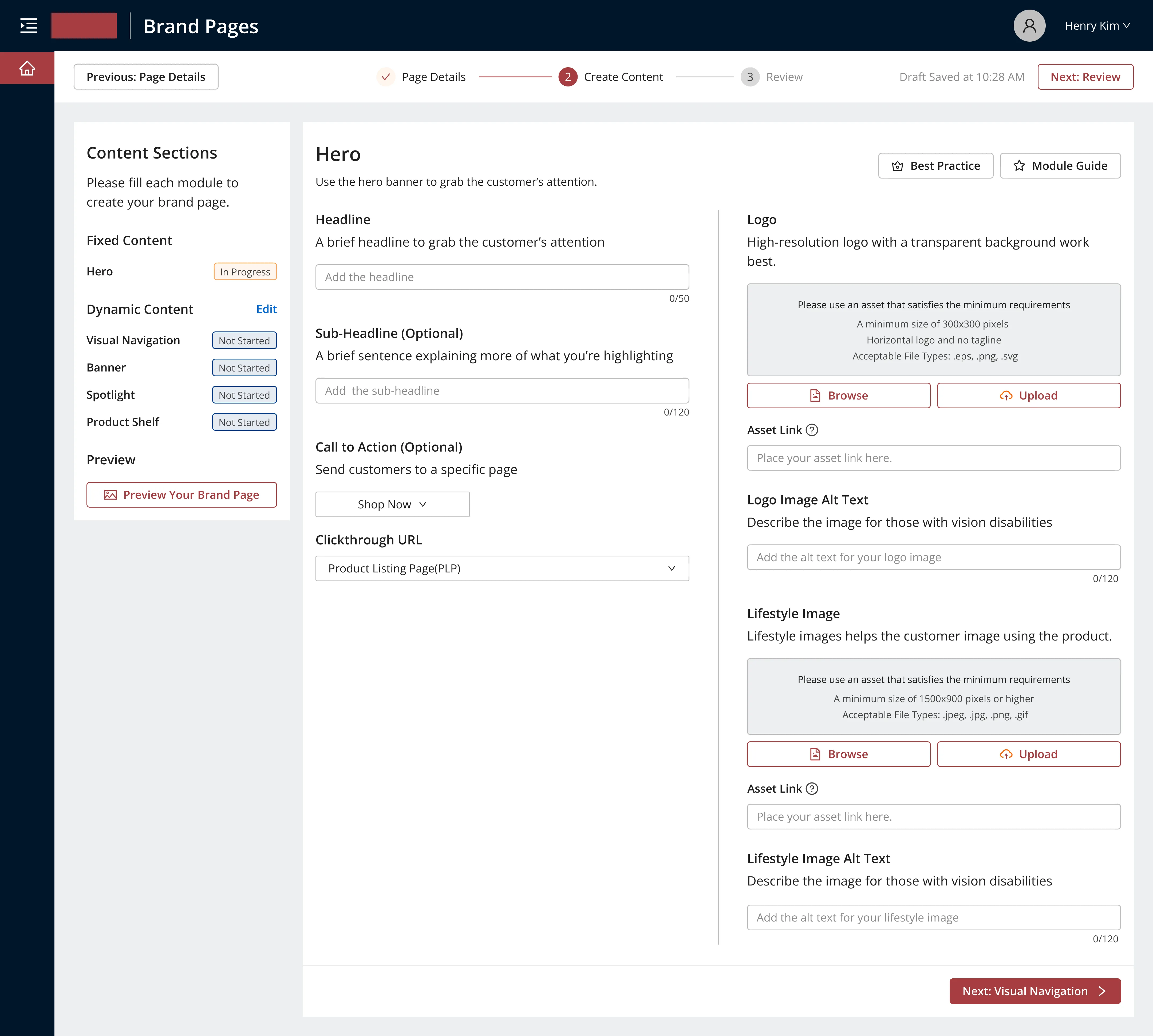 The self-service page builder — a supplier composes their brand storefront module by module.